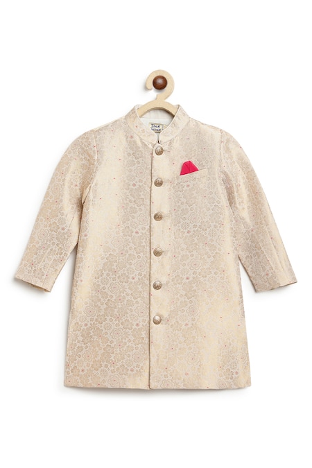 Shop_Tiber Taber_Cream Viscose, Brocade, Cotton Floral Woven Sherwani Set _Online_at_Aza_Fashions