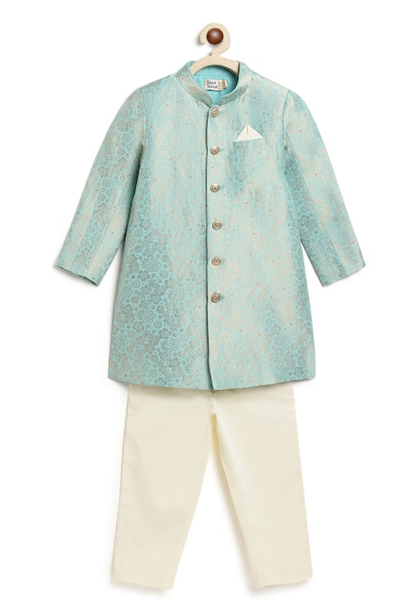 Shop Tiber Taber Blue Viscose, Brocade, Cotton Floral Woven Sherwani Set Online at Aza Fashions Shop_Tiber Taber_Blue Viscose, Brocade, Cotton Floral Woven Sherwani Set _Online_at_Aza_Fashions