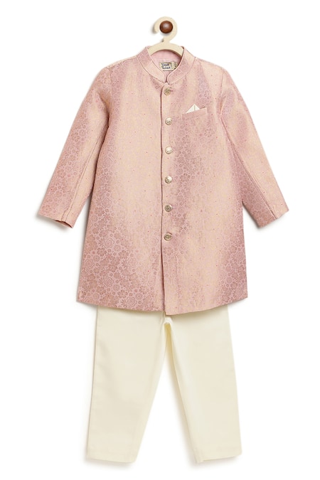 Buy Tiber Taber Pink Viscose, Brocade, Cotton Embroidery, Studs Floral Woven Sherwani Set Buy_Tiber Taber_Pink Viscose, Brocade, Cotton Embroidery, Studs Floral Woven Sherwani Set