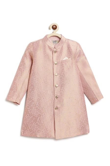 Shop Tiber Taber Pink Viscose, Brocade, Cotton Embroidery, Studs Floral Woven Sherwani Set Shop_Tiber Taber_Pink Viscose, Brocade, Cotton Embroidery, Studs Floral Woven Sherwani Set