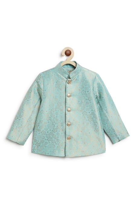 Buy_Tiber Taber_Blue Brocade, Viscose, Cotton Metallic Thread Floral Woven Bandhgala With Pant _Online_at_Aza_Fashions