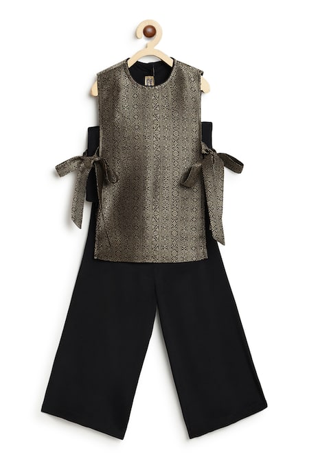 Tiber Taber_Gold Viscose, Brocade Bows Floral Woven Top With Culottes _at_Aza_Fashions