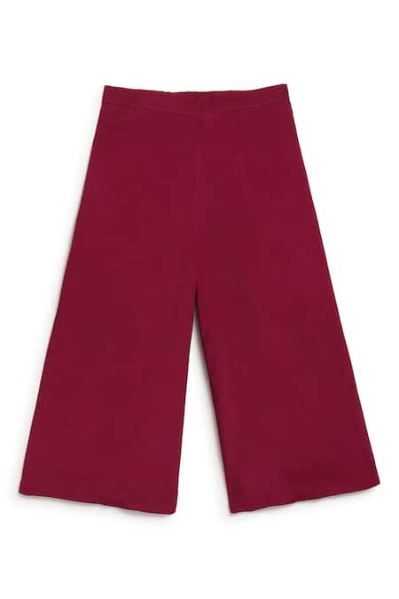 Tiber Taber_Wine Viscose, Brocade Embroidery, Bows Floral Woven Top With Culottes _Online_at_Aza_Fashions