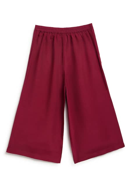 Buy_Tiber Taber_Wine Viscose, Brocade Embroidery, Bows Floral Woven Top With Culottes _Online_at_Aza_Fashions