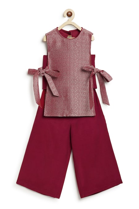 Tiber Taber_Wine Viscose, Brocade Embroidery, Bows Floral Woven Top With Culottes _at_Aza_Fashions