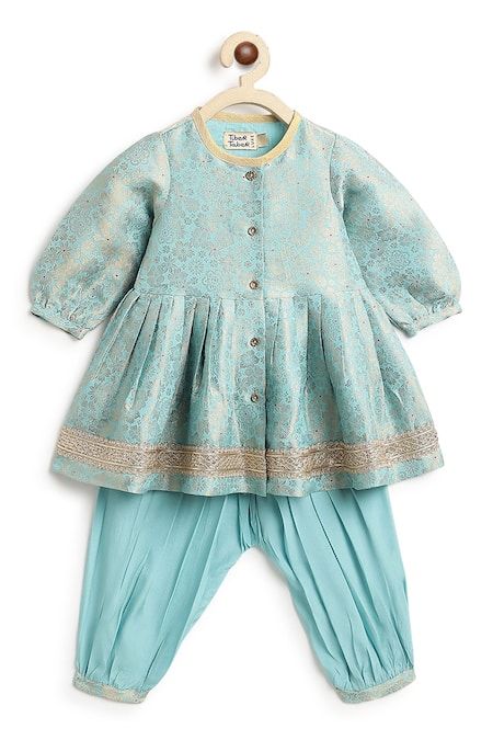 Buy_Tiber Taber_Blue Brocade, Viscose Lace Floral Woven Kurta With Salwar 