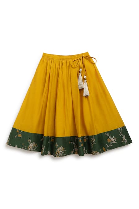 Tiber Taber_Yellow Viscose, Polyester Embroidery, Tassels, Contrast Bordered Lehenga Set _at_Aza_Fashions