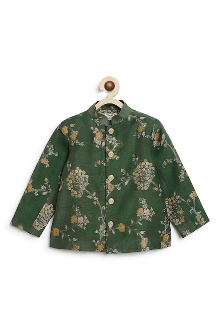 Shop_Tiber Taber_Green Viscose, Brocade Floral Woven Bandhgala _Online_at_Aza_Fashions