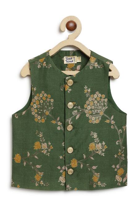 Shop Tiber Taber Green Viscose, Brocade Floral Woven Bundi Online at Aza Fashions Shop_Tiber Taber_Green Viscose, Brocade Floral Woven Bundi _Online_at_Aza_Fashions