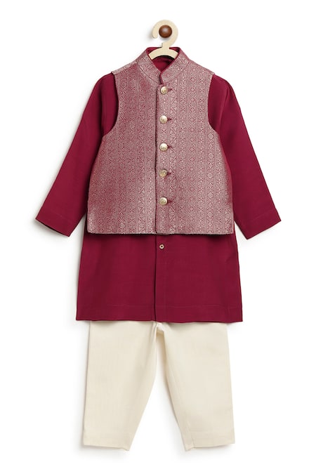 Tiber Taber_Maroon Viscose, Cotton, Brocade Floral Woven Bundi And Kurta Set _at_Aza_Fashions