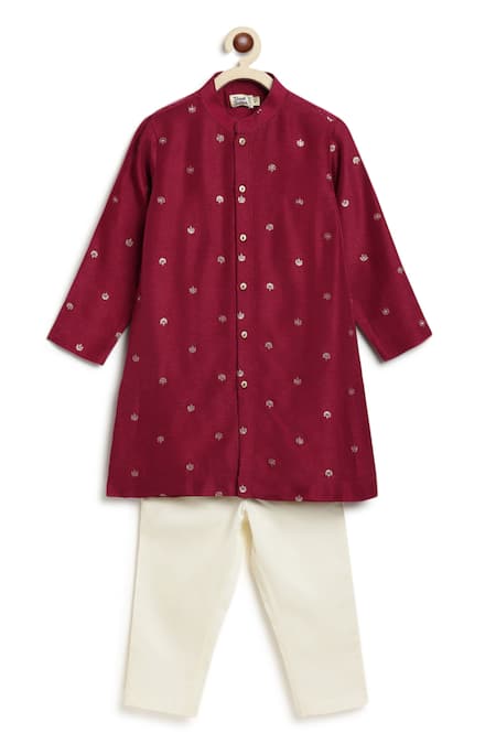 Shop_Tiber Taber_Maroon Viscose, Brocade, Cotton Metallic Thread Floral Woven Kurta Set _Online_at_Aza_Fashions