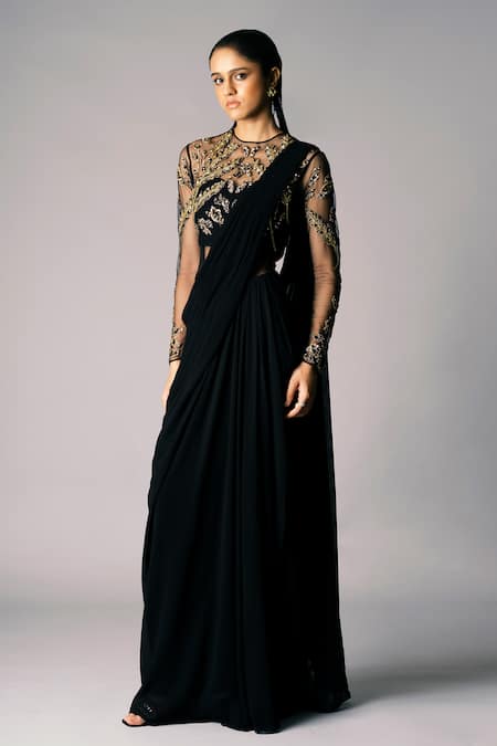 Vivek Patel 3D Embroidered Black Saree Gown 