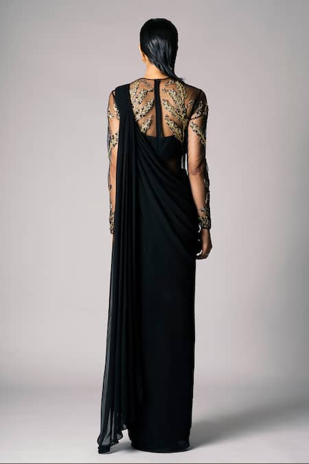 Vivek Patel 3D Embroidered Black Saree Gown 