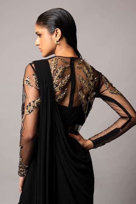 Buy_Vivek Patel_Black Georgette Sequins, Beads, Embroidery 3d Saree Gown _Online_at_Aza_Fashions