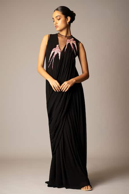 Vivek Patel Black Embroidered Pre-Draped Saree Gown 