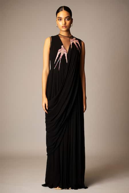Vivek Patel_Black Georgette Embroidery Round Neck Pre-draped Saree Gown _Online_at_Aza_Fashions