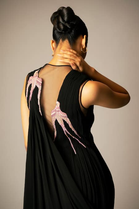 Vivek Patel_Black Georgette Embroidery Round Neck Pre-draped Saree Gown _at_Aza_Fashions