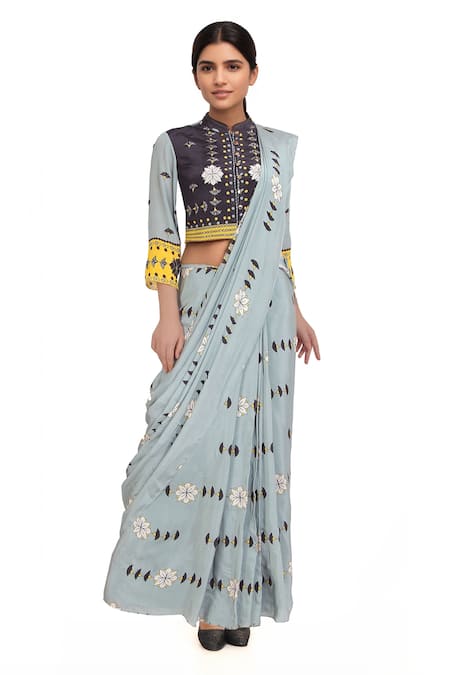 Soup By Sougat Paul Grey Pre-Draped Saree with Blouse 