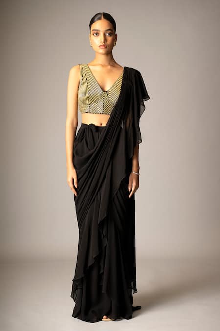 Vivek Patel Black Georgette, Dupion Embroidery, Zar Pre-draped Saree With 3d Work Blouse Online at Aza Fashions Vivek Patel_Black Georgette, Dupion Embroidery, Zar Pre-draped Saree With 3d Work Blouse _Online_at_Aza_Fashions