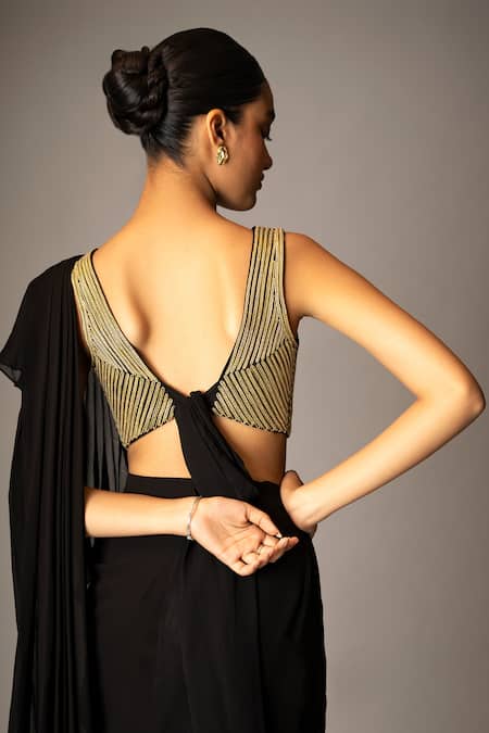 Vivek Patel Black Georgette, Dupion Embroidery, Zar Pre-draped Saree With 3d Work Blouse at Aza Fashions Vivek Patel_Black Georgette, Dupion Embroidery, Zar Pre-draped Saree With 3d Work Blouse _at_Aza_Fashions