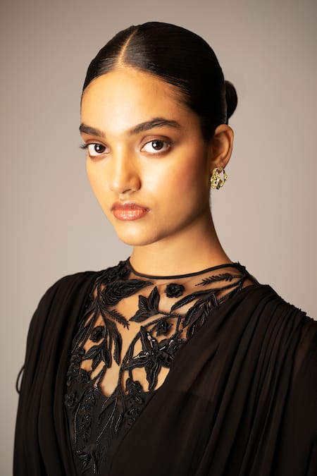 Buy Vivek Patel Black Tulle, Georgette Embroidery, Applique Round Neck Calla Draped Gown Online at Aza Fashions Buy_Vivek Patel_Black Tulle, Georgette Embroidery, Applique Round Neck Calla Draped Gown _Online_at_Aza_Fashions
