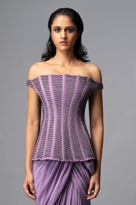 Vivek Patel Lavender Dupion, Bemberg, Satin, Silk, Crepe Beads, Off Corset With Skirt Online at Aza Fashions Vivek Patel_Lavender Dupion, Bemberg, Satin, Silk, Crepe Beads, Off Corset With Skirt _Online_at_Aza_Fashions