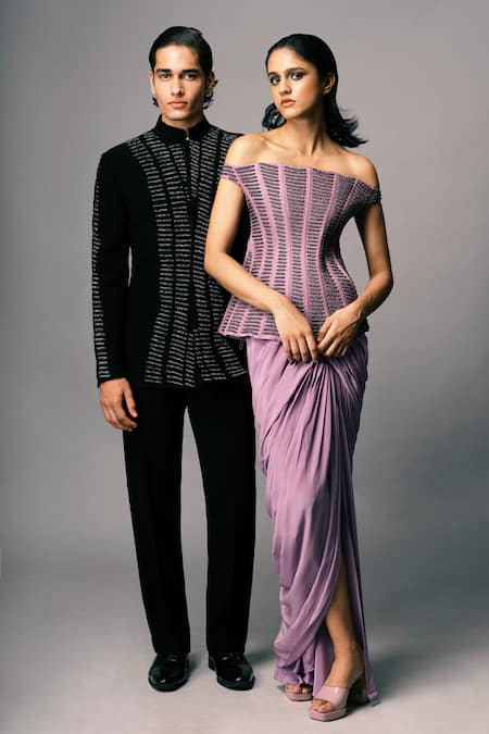 Vivek Patel Lavender Dupion, Bemberg, Satin, Silk, Crepe Beads, Off Corset With Skirt at Aza Fashions Vivek Patel_Lavender Dupion, Bemberg, Satin, Silk, Crepe Beads, Off Corset With Skirt _at_Aza_Fashions