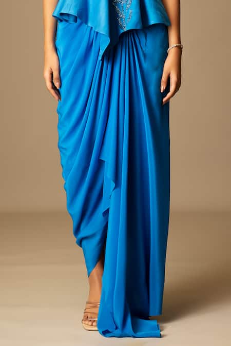 Vivek Patel Blue Dupion, Silk, Crepe Beads, Embroidery Nysa Peplum Top And Draped Skirt Set Online at Aza Fashions Vivek Patel_Blue Dupion, Silk, Crepe Beads, Embroidery Nysa Peplum Top And Draped Skirt Set _Online_at_Aza_Fashions