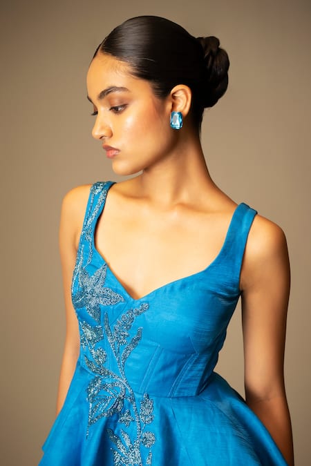 Buy Vivek Patel Blue Dupion, Silk, Crepe Beads, Embroidery Nysa Peplum Top And Draped Skirt Set Online at Aza Fashions Buy_Vivek Patel_Blue Dupion, Silk, Crepe Beads, Embroidery Nysa Peplum Top And Draped Skirt Set _Online_at_Aza_Fashions