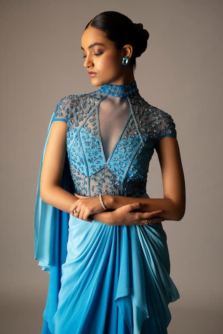 Vivek Patel Blue Silk, Crepe, Tulle Beads, Embroidery High Neck, Cyan Ombre Saree Gown Online at Aza Fashions Vivek Patel_Blue Silk, Crepe, Tulle Beads, Embroidery High Neck, Cyan Ombre Saree Gown _Online_at_Aza_Fashions