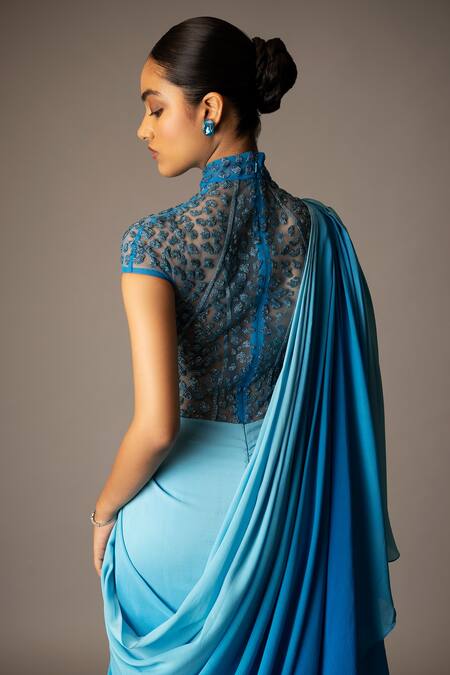 Buy Vivek Patel Blue Silk, Crepe, Tulle Beads, Embroidery High Neck, Cyan Ombre Saree Gown Online at Aza Fashions Buy_Vivek Patel_Blue Silk, Crepe, Tulle Beads, Embroidery High Neck, Cyan Ombre Saree Gown _Online_at_Aza_Fashions