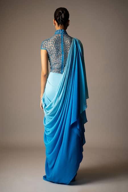 Vivek Patel Cyan Ombre Saree Gown 