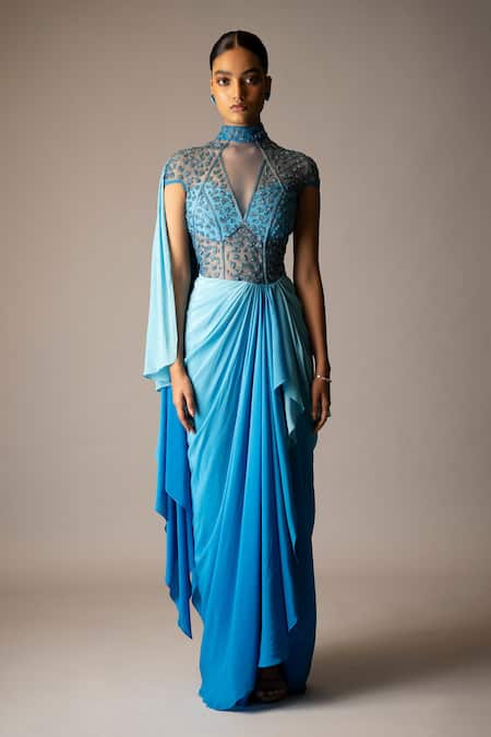 Shop Vivek Patel Blue Silk, Crepe, Tulle Beads, Embroidery High Neck, Cyan Ombre Saree Gown Online at Aza Fashions Shop_Vivek Patel_Blue Silk, Crepe, Tulle Beads, Embroidery High Neck, Cyan Ombre Saree Gown _Online_at_Aza_Fashions