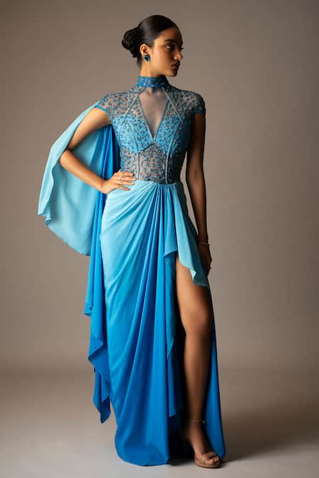 Vivek Patel Cyan Ombre Saree Gown 