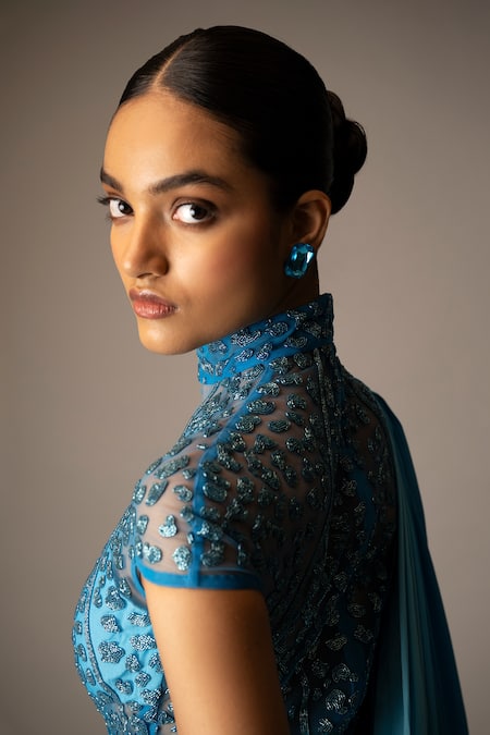 Vivek Patel Blue Silk, Crepe, Tulle Beads, Embroidery High Neck, Cyan Ombre Saree Gown at Aza Fashions Vivek Patel_Blue Silk, Crepe, Tulle Beads, Embroidery High Neck, Cyan Ombre Saree Gown _at_Aza_Fashions