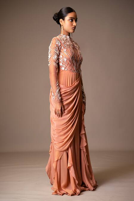 Vivek Patel Orange Tulle, Crepe, Silk Pearls, Beads, Aurel Embellished Ruffle Saree Gown Online at Aza Fashions Vivek Patel_Orange Tulle, Crepe, Silk Pearls, Beads, Aurel Embellished Ruffle Saree Gown _Online_at_Aza_Fashions