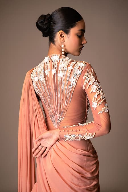 Buy Vivek Patel Orange Tulle, Crepe, Silk Pearls, Beads, Aurel Embellished Ruffle Saree Gown Online at Aza Fashions Buy_Vivek Patel_Orange Tulle, Crepe, Silk Pearls, Beads, Aurel Embellished Ruffle Saree Gown _Online_at_Aza_Fashions