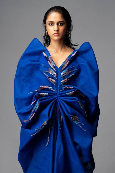Vivek Patel Blue Organza, Tulle, Organza, Crepe, Sequins, Orane Sculptured Dress Online at Aza Fashions Vivek Patel_Blue Organza, Tulle, Organza, Crepe, Sequins, Orane Sculptured Dress _Online_at_Aza_Fashions