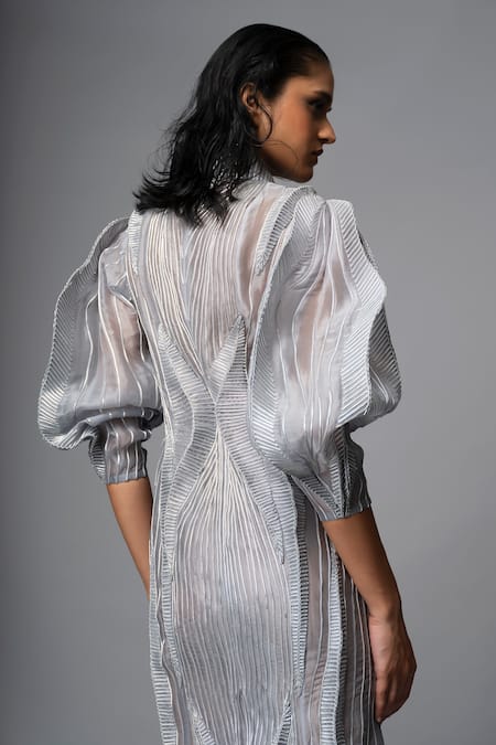 Buy Vivek Patel Grey Organza, Crepe High Neck 3d Dori Work Gown Online at Aza Fashions Buy_Vivek Patel_Grey Organza, Crepe High Neck 3d Dori Work Gown _Online_at_Aza_Fashions