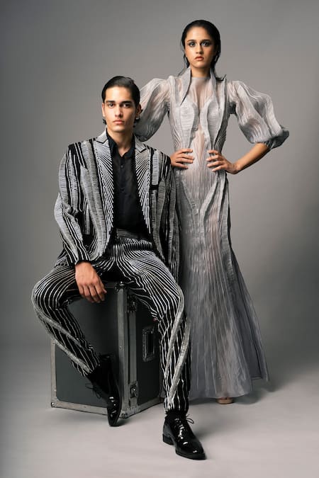 Shop Vivek Patel Grey Organza, Crepe High Neck 3d Dori Work Gown Online at Aza Fashions Shop_Vivek Patel_Grey Organza, Crepe High Neck 3d Dori Work Gown _Online_at_Aza_Fashions