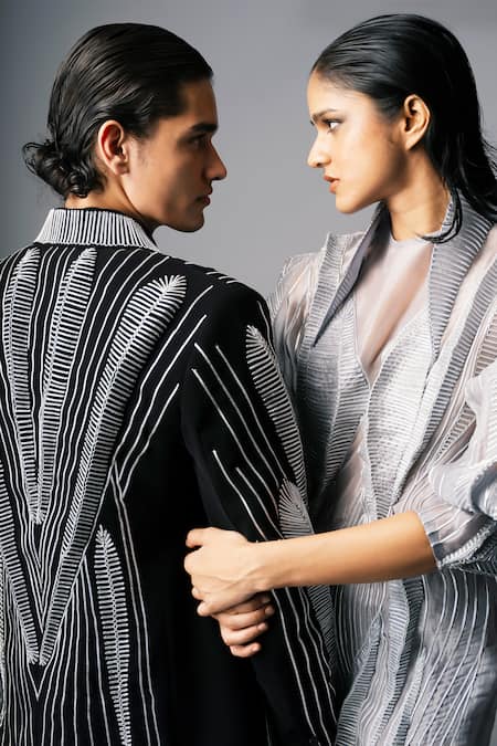 Vivek Patel Grey Organza, Crepe High Neck 3d Dori Work Gown at Aza Fashions Vivek Patel_Grey Organza, Crepe High Neck 3d Dori Work Gown _at_Aza_Fashions