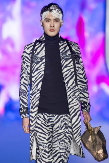 MR. Ajay Kumar_Black Cotton Satin, Lycra Regis Animal Print Trenchcoat _Online_at_Aza_Fashions