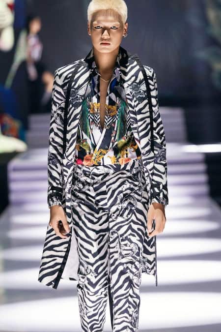 Buy_MR. Ajay Kumar_Black Cotton Satin, Lycra Regis Animal Print Trenchcoat _Online_at_Aza_Fashions