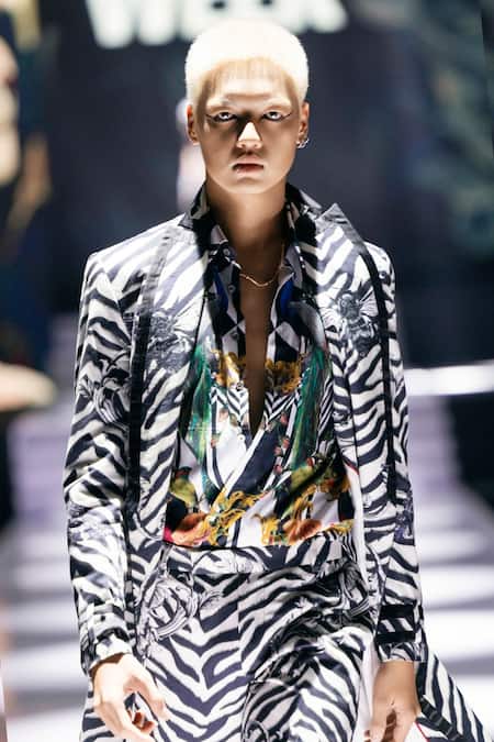 Shop_MR. Ajay Kumar_Black Cotton Satin, Lycra Regis Animal Print Trenchcoat _Online_at_Aza_Fashions