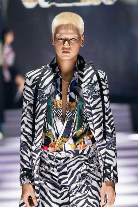 MR. Ajay Kumar_Black Cotton Satin, Lycra Regis Animal Print Trenchcoat _at_Aza_Fashions