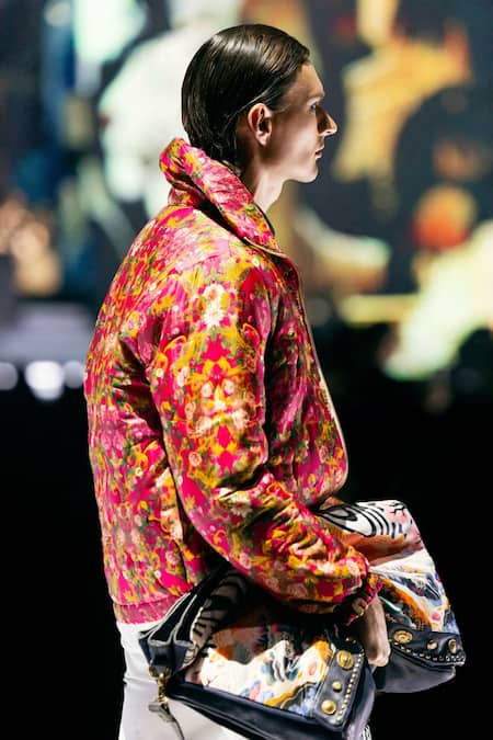 Shop MR. Ajay Kumar Pink Silk Mystic Print Parka Jacket Online at Aza Fashions Shop_MR. Ajay Kumar_Pink Silk Mystic Print Parka Jacket _Online_at_Aza_Fashions