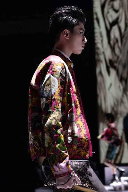 MR. Ajay Kumar Pink Cotton Satin, Lycra Wild Monarch Print Bomber Jacket Online at Aza Fashions MR. Ajay Kumar_Pink Cotton Satin, Lycra Wild Monarch Print Bomber Jacket _Online_at_Aza_Fashions