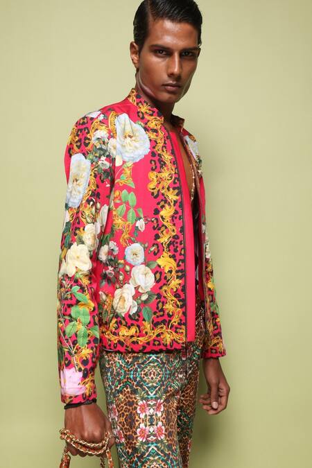 Buy MR. Ajay Kumar Pink Cotton Satin, Lycra Wild Monarch Print Bomber Jacket Online at Aza Fashions Buy_MR. Ajay Kumar_Pink Cotton Satin, Lycra Wild Monarch Print Bomber Jacket _Online_at_Aza_Fashions