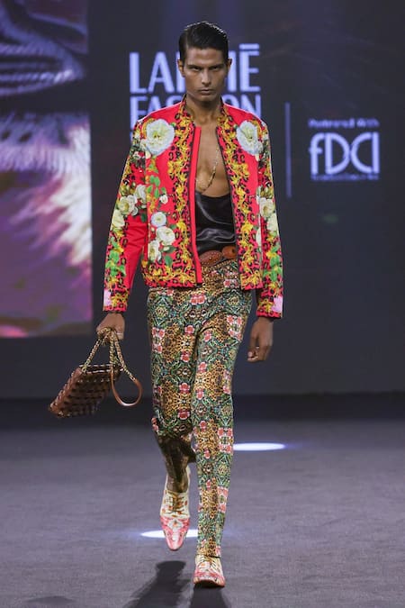 Shop MR. Ajay Kumar Pink Cotton Satin, Lycra Wild Monarch Print Bomber Jacket Online at Aza Fashions Shop_MR. Ajay Kumar_Pink Cotton Satin, Lycra Wild Monarch Print Bomber Jacket _Online_at_Aza_Fashions