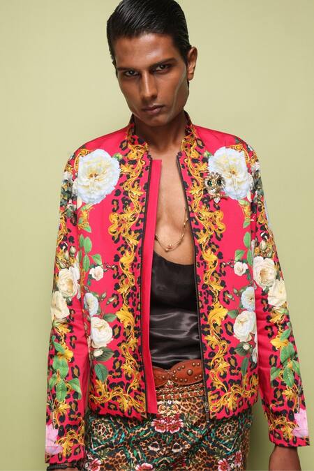 MR. Ajay Kumar Pink Cotton Satin, Lycra Wild Monarch Print Bomber Jacket at Aza Fashions MR. Ajay Kumar_Pink Cotton Satin, Lycra Wild Monarch Print Bomber Jacket _at_Aza_Fashions